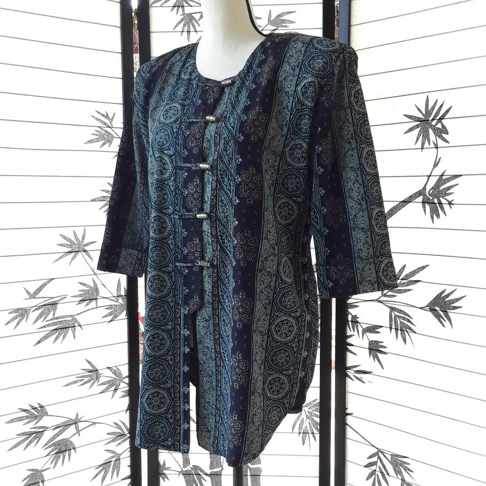 Vintage 1980s Oversized Indian Inspired Blue Button Down Tunic Size 10